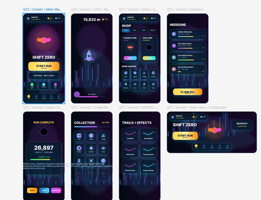 SHIFT ZERO game interface and system screens