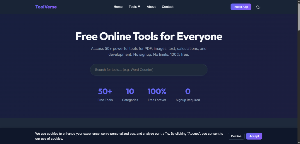 ToolVerse privacy-first browser tools dashboard
